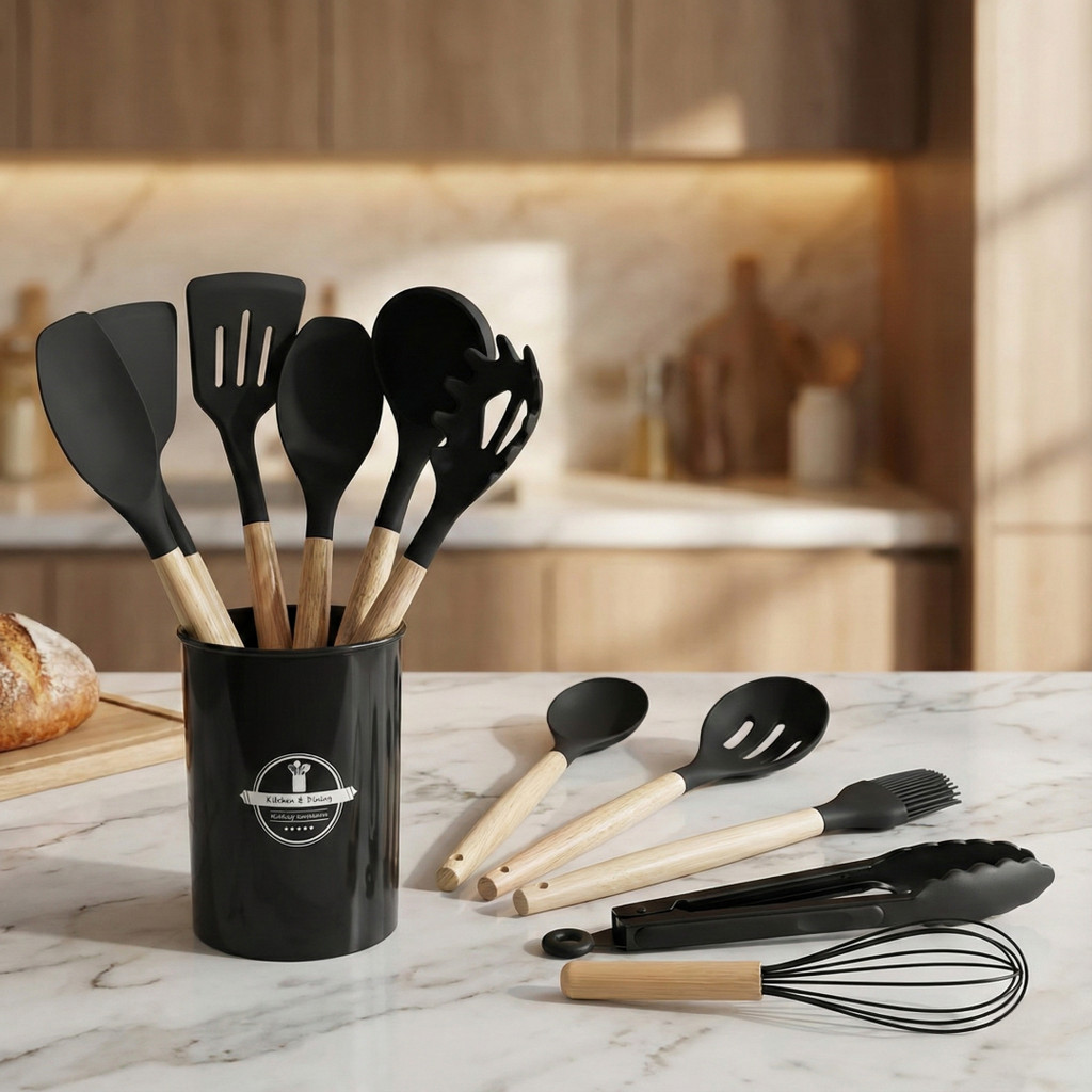 Kit Jogo de Cozinha C/12 Peças de Silicone Utensílios e Suporte Para Cozinha em Oferta na Shopee