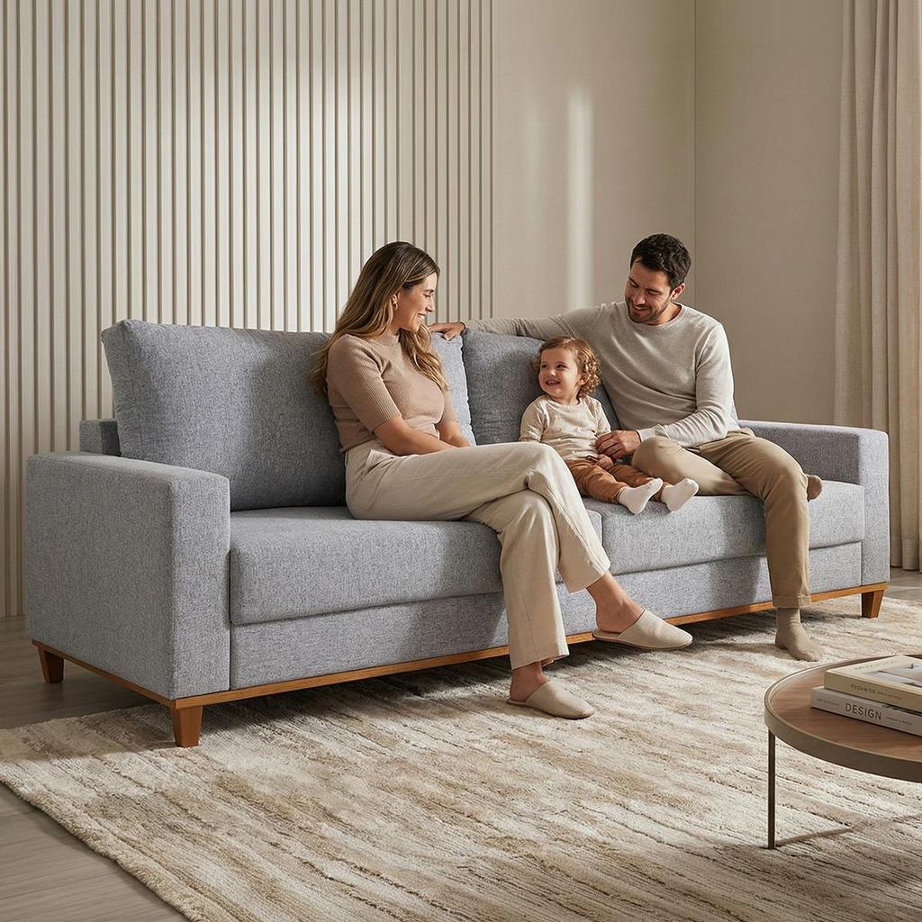 Sofá Living 4 Lugares Molas Fibra Siliconada Enseada Linho - Almofadas Removíveis 220cm