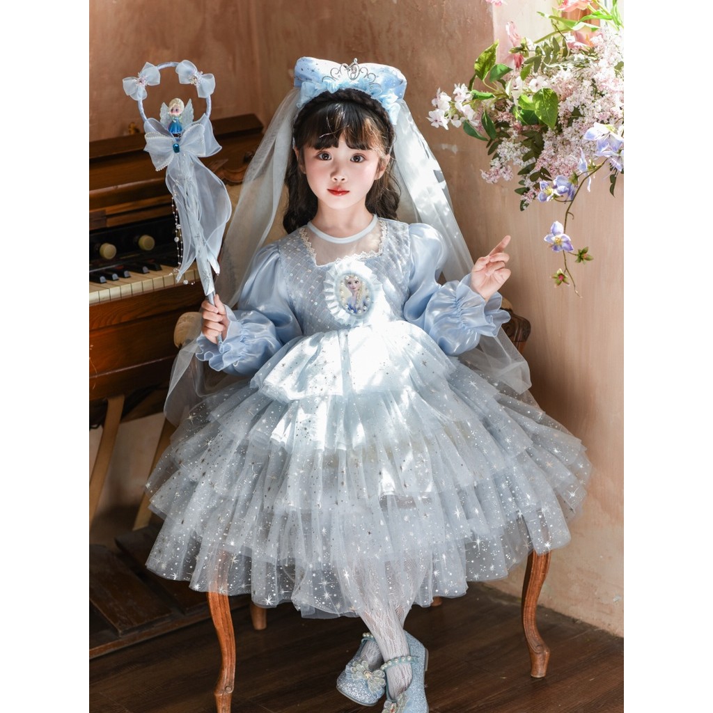 Frozen Elsa princesa vestido meninas 2025 outono novo estilo tenda gaze vestido crianças vestido de aniversário