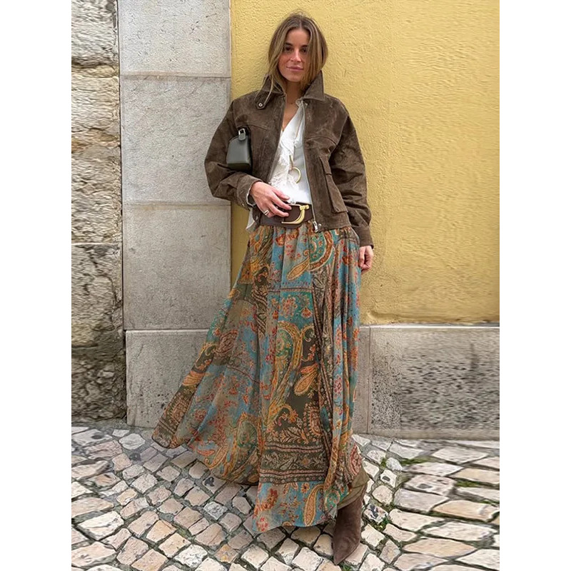 Saia Maxi Feminina Vintage com Estampa Paisley, Cintura Alta e Cinto Largo, Estilo Boho Retrô, Moda Casual Urbana, Tendê