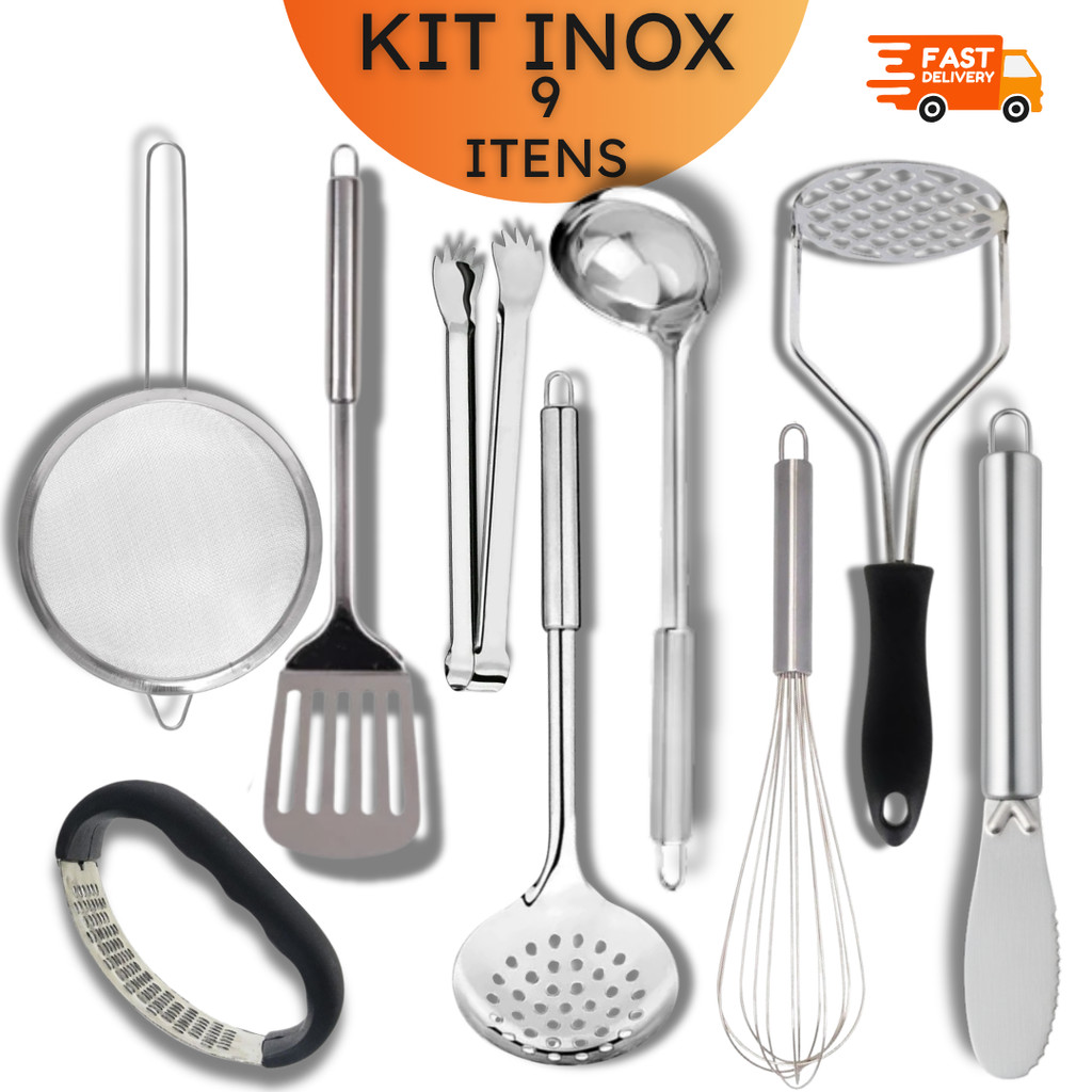 Kit Cozinha Inox 9 Peças Amassador, Fuê, Concha, Escumadeira, Espátula, Pegador, Peneira e Manteiga - Presente Casamento