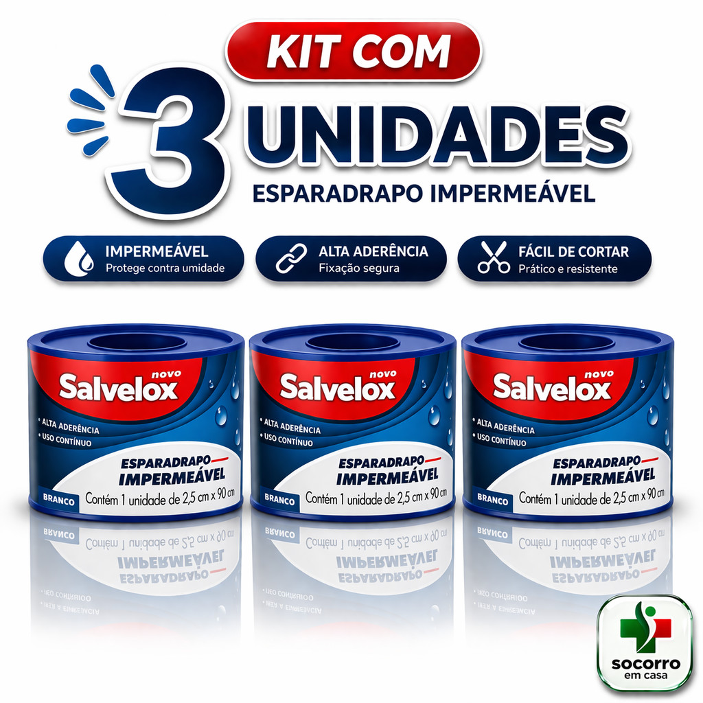 Esparadrapo Impermeável Salvelox 2,5cm x 0,90m Branco Alta Aderência Kit 3 Unidades Curativo Fixação