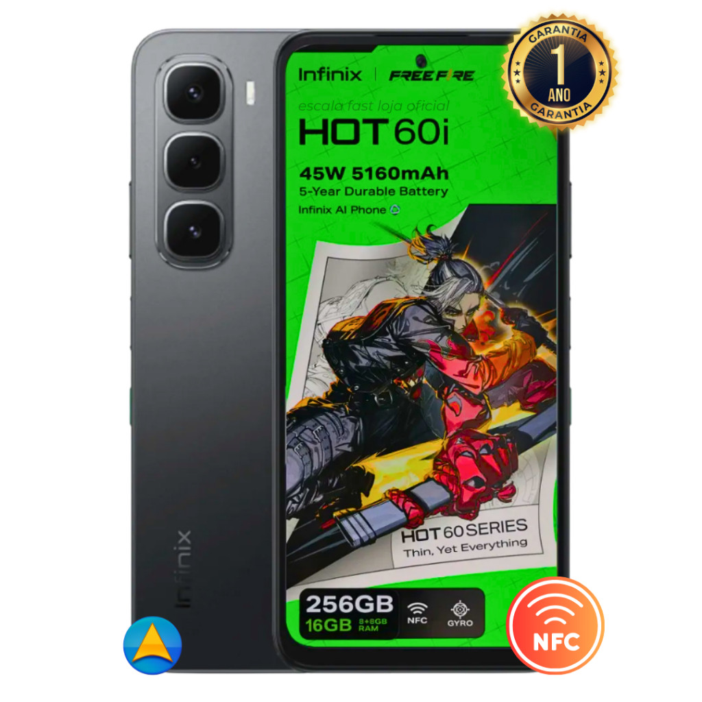 Celular Smartphone Infinix Hot 60i Com NFC 256GB 8GB de RAM Câmera 50MP Dual Sim com 1 Ano de Garantia - Pronta Entrega