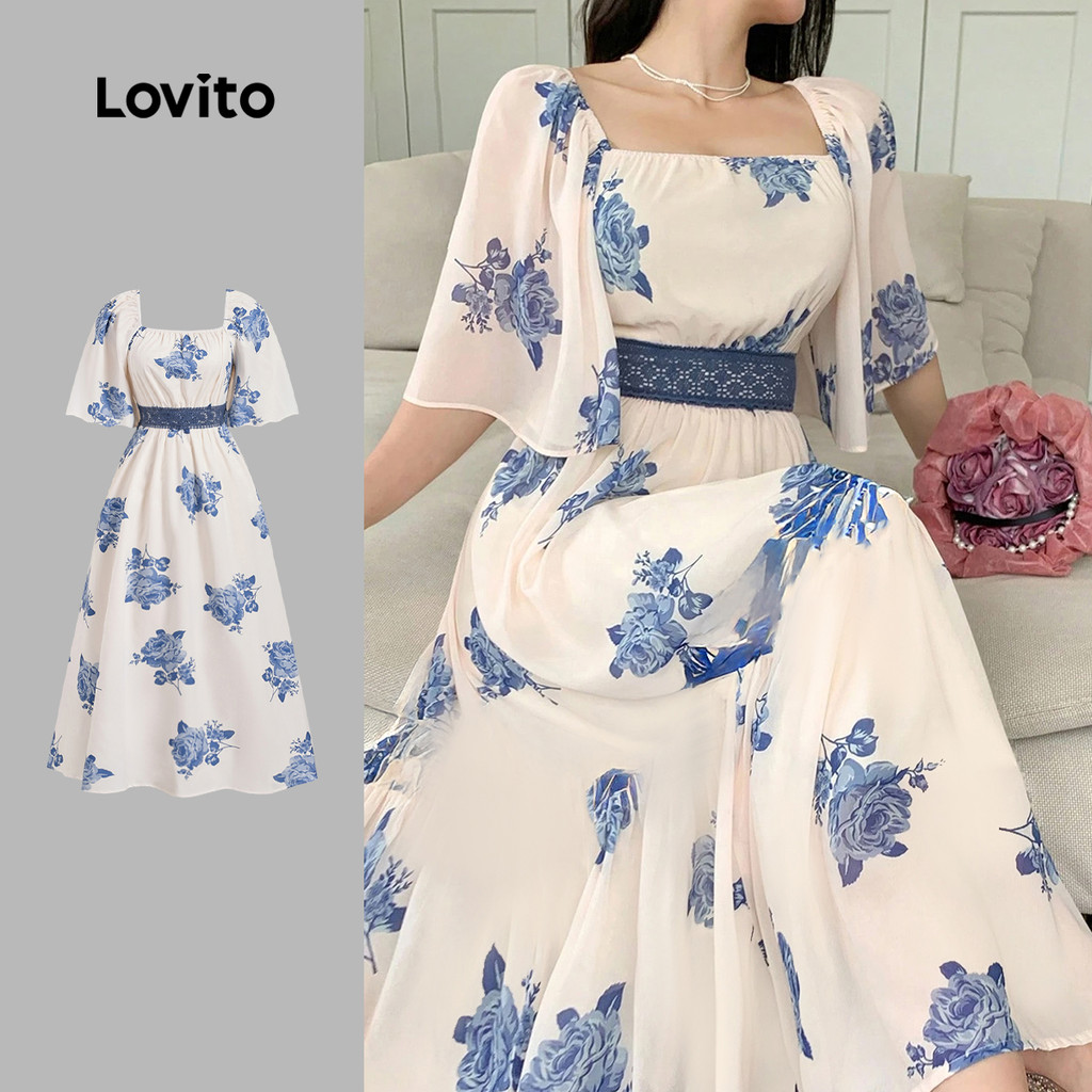 Lovito Elegante Vestido de Renda Bloco de Cores Primavera/verão Vestido Azul e B