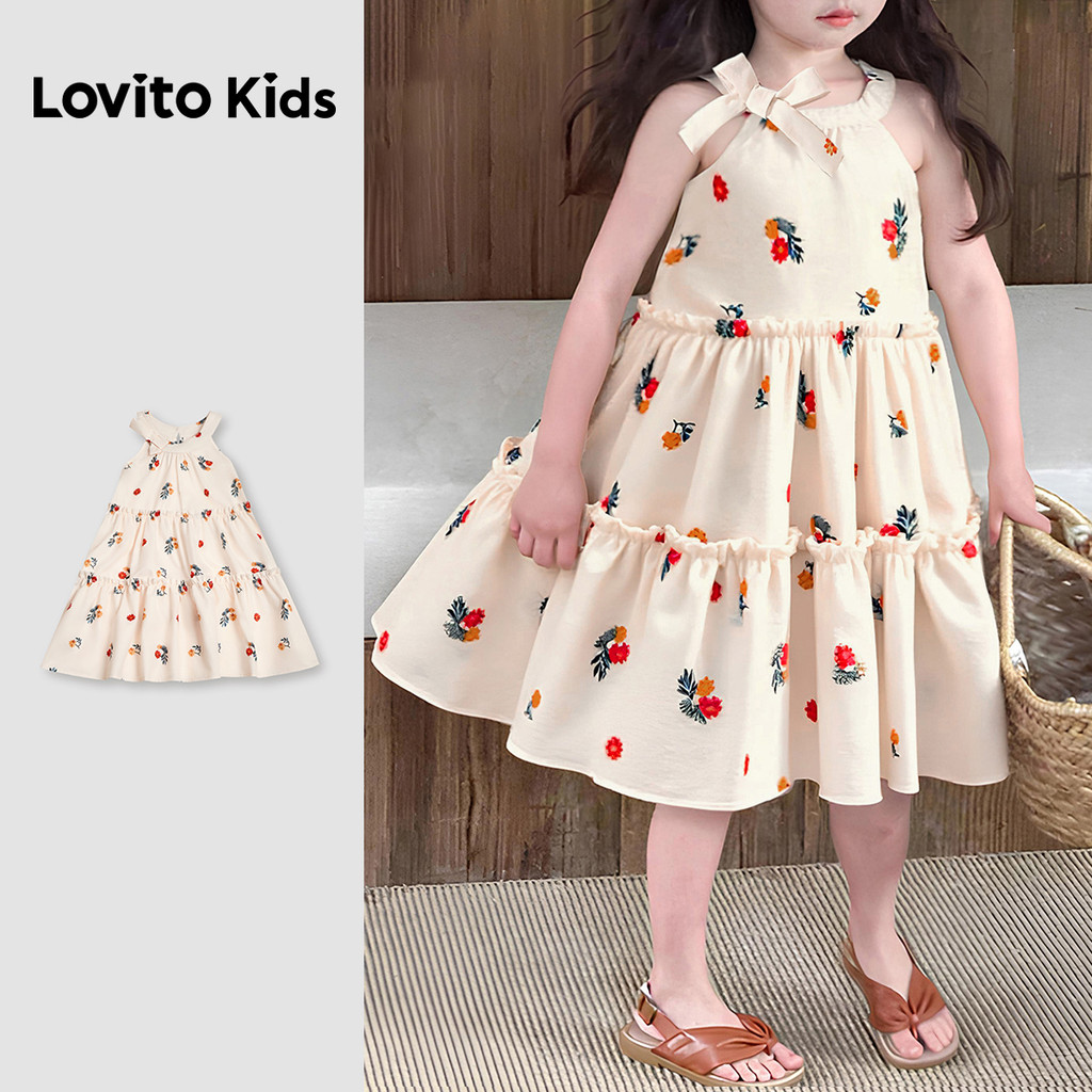 Lovito Kids Vestido Fofo com Babado e Laço - Vestido de Primavera/verão para Meninas L186LD228