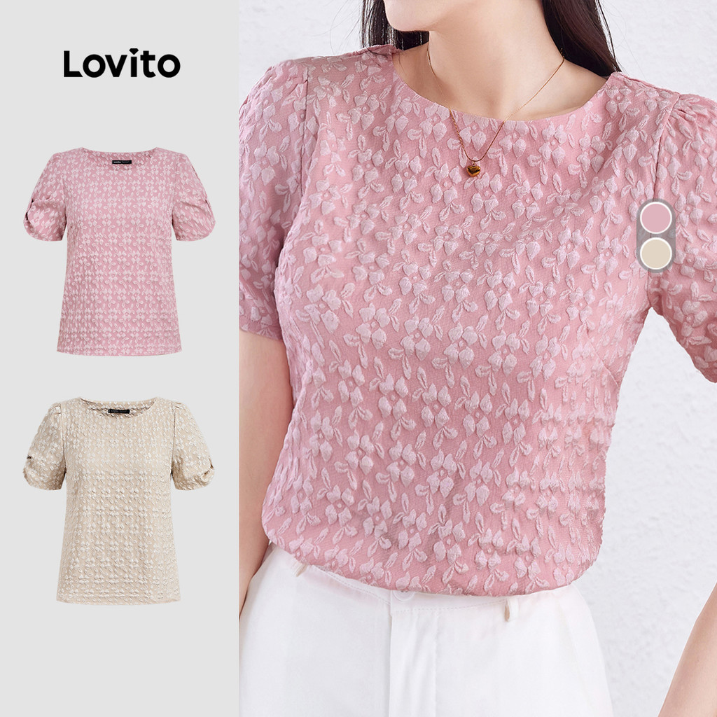 Lovito Floral Elegante Blusa Com Laço Plissado Primavera/Verão Blusa Rosa Para M