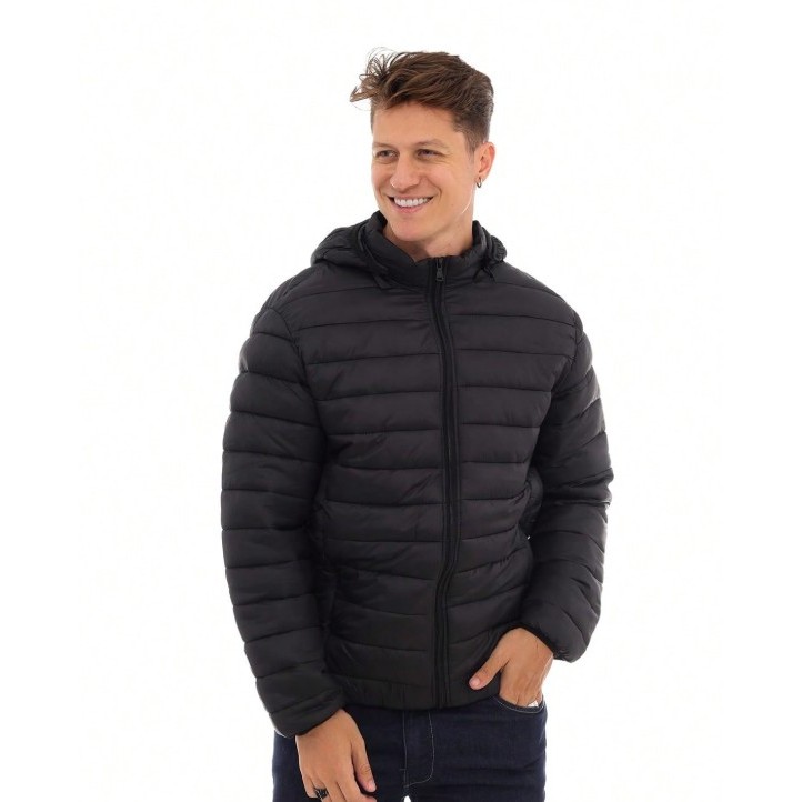 Jaqueta Puffer Masculina de Manga Comprida com Capuz Zíper Frontal e Bolsos Modelo Básico Preto