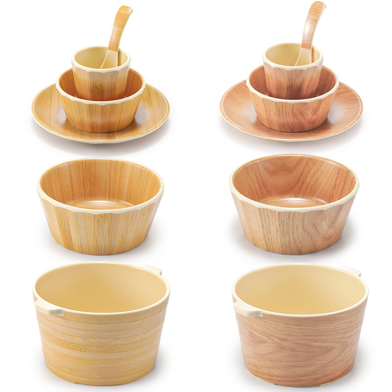 Melamina imitação de porcelana barril de madeira utensílios de mesa de bambu grão de madeira plástico tigela de arroz co