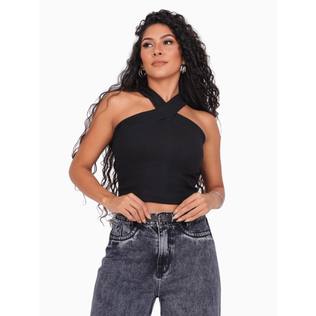Blusa Feminina Cropped Trançado Canelado Ribana Detalhes Estiloso Confortável Decote Cruzado em V