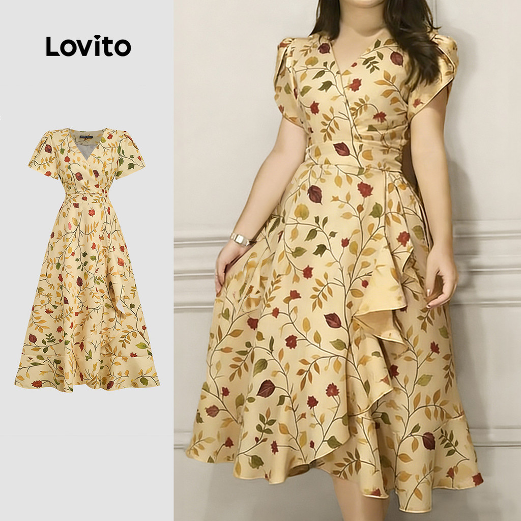 Lovito Vestido Casual Assimétrico com Babado Na Bainha Vestido de Primavera/verã