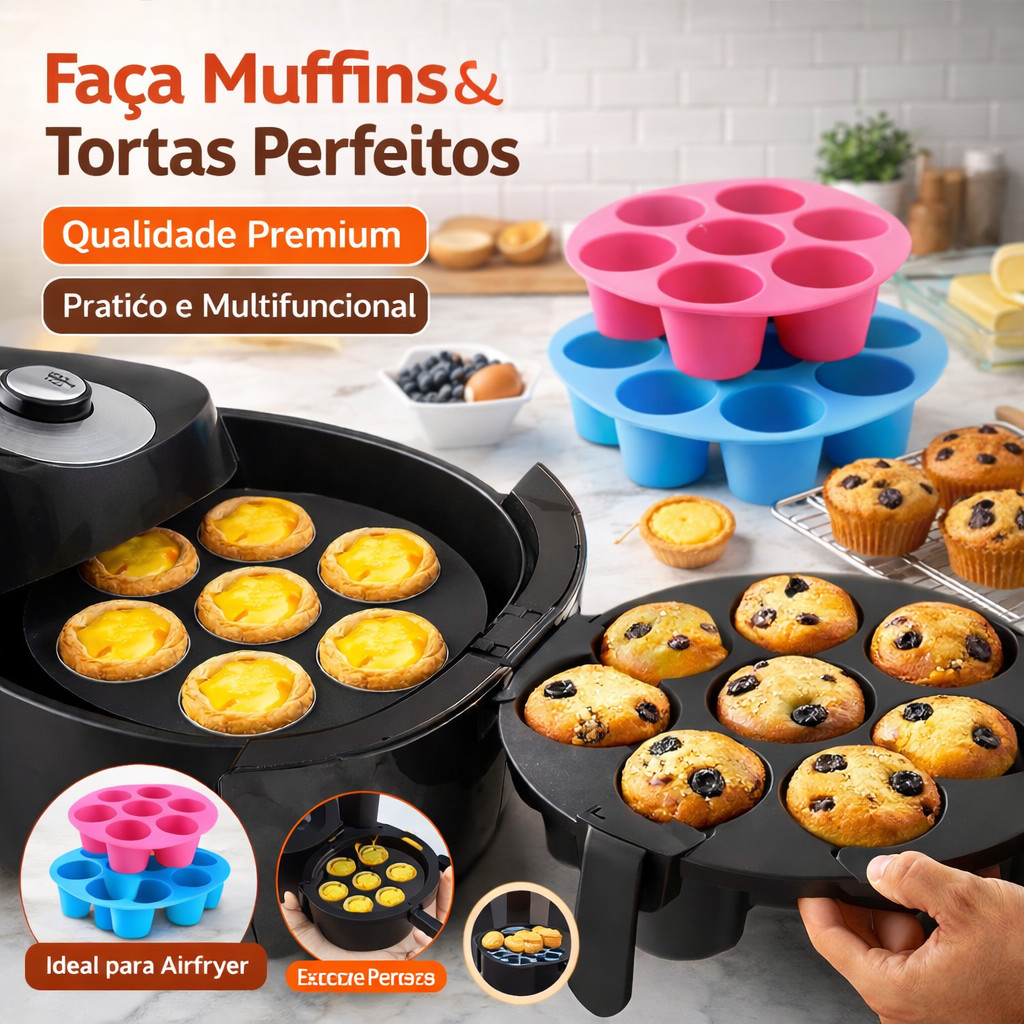 Forma Assadeira De Silicone Air Fryers Com 7 Cavidades P/ Cupcake 2 Tamanhos