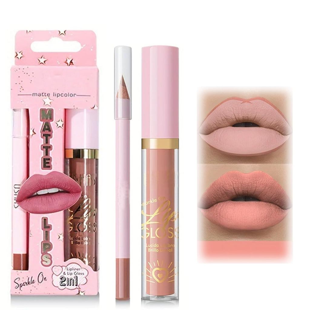 Conjunto de Batom e Delineador Labial, Conjunto de Delineador Labial Líquido 2 em 1, Kit Labial com Delineador Labial e