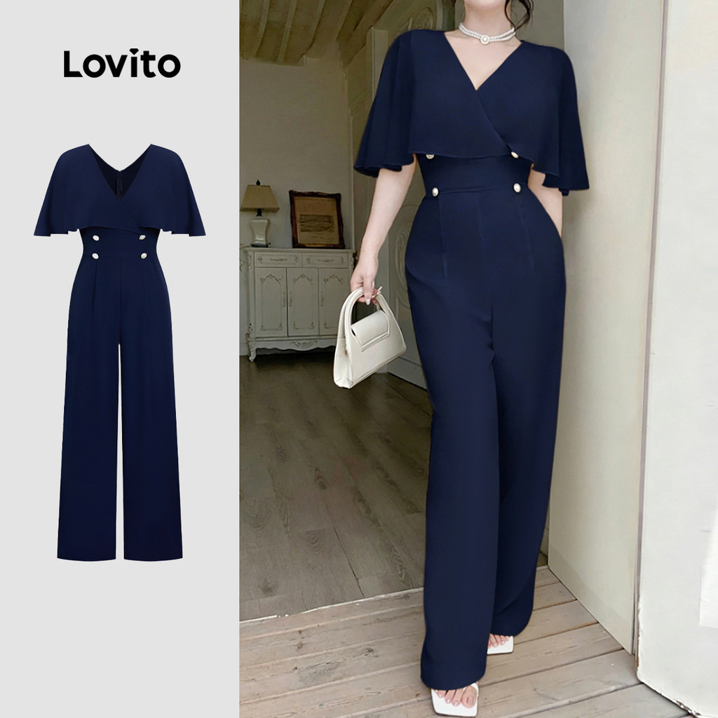 Lovito  Macacão Elegante com Botões Pregueado Azul Marinho para Mulheres L171AD040