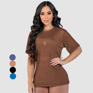 Blusa Feminina Transparente de Tule Manga Curta Camiseta Academia Treino em Oferta na Shopee