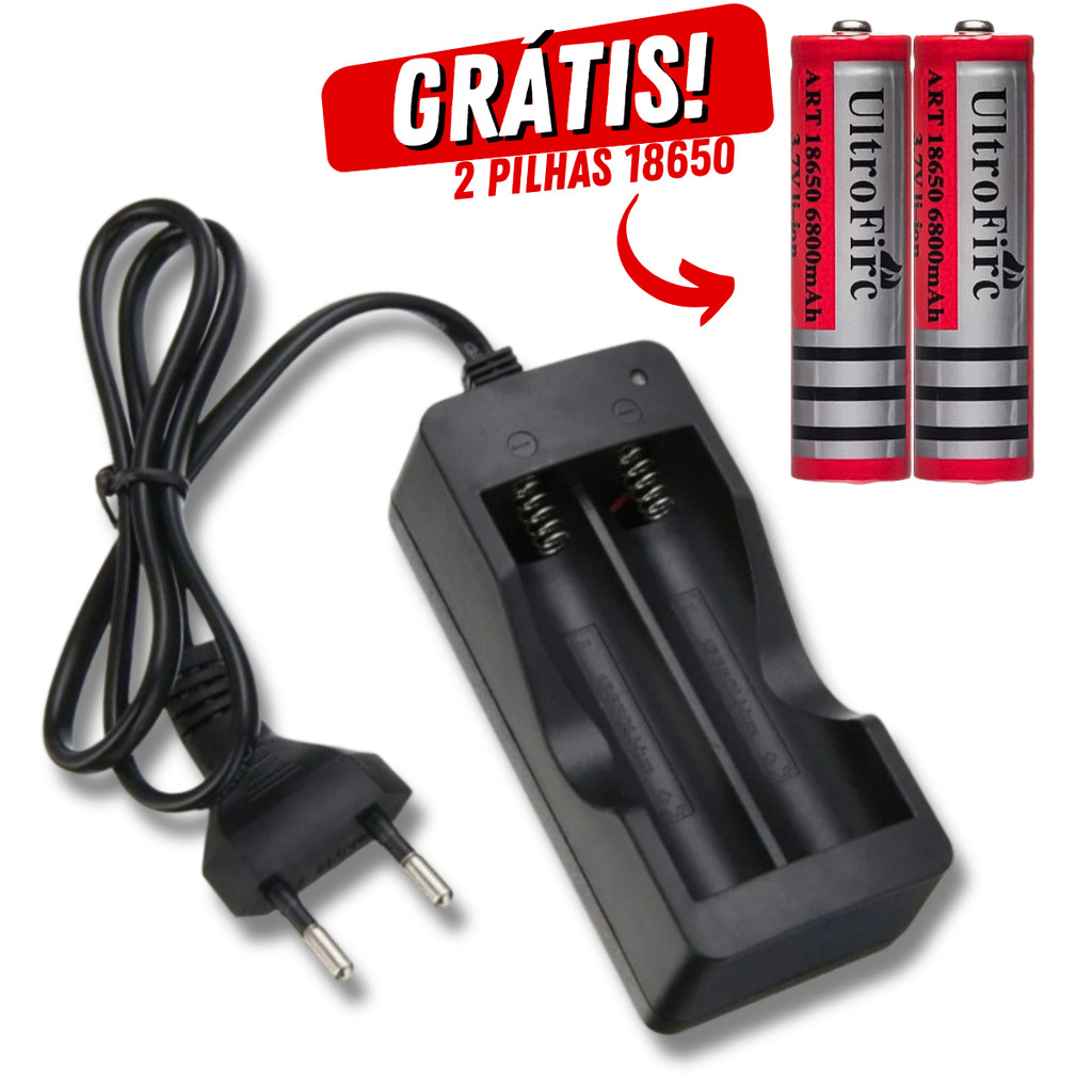 Carregador Duplo + 2 Pilhas Recarregáveis 18650, 6800mAh para Equipamentos Eletrônicos