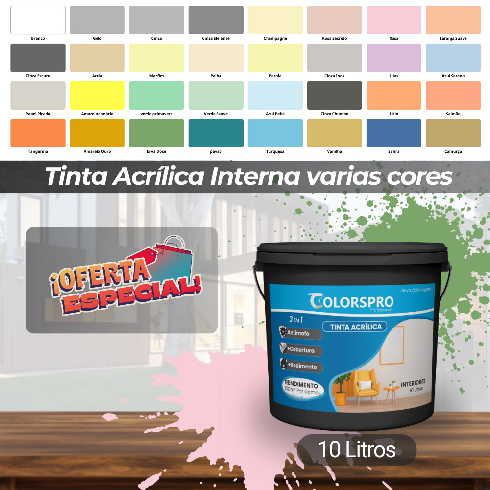 Tinta acrílica interna 10 litros ColorsPro - Sem cheiro e com Antimofo Varias cores - Alta cobertura em Oferta na Shopee