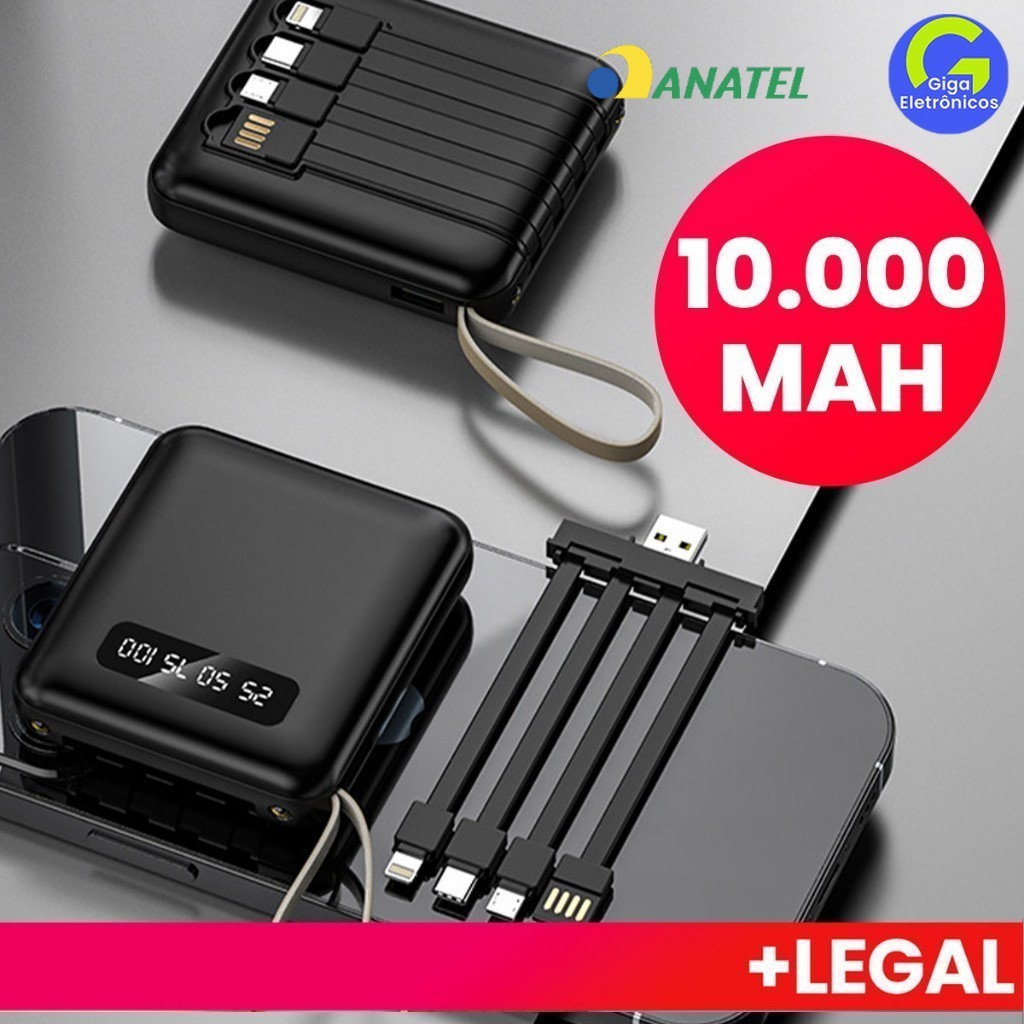 Carregador Portátil 10000mah con 4 cables de carga rápida Banco de energía digital LED