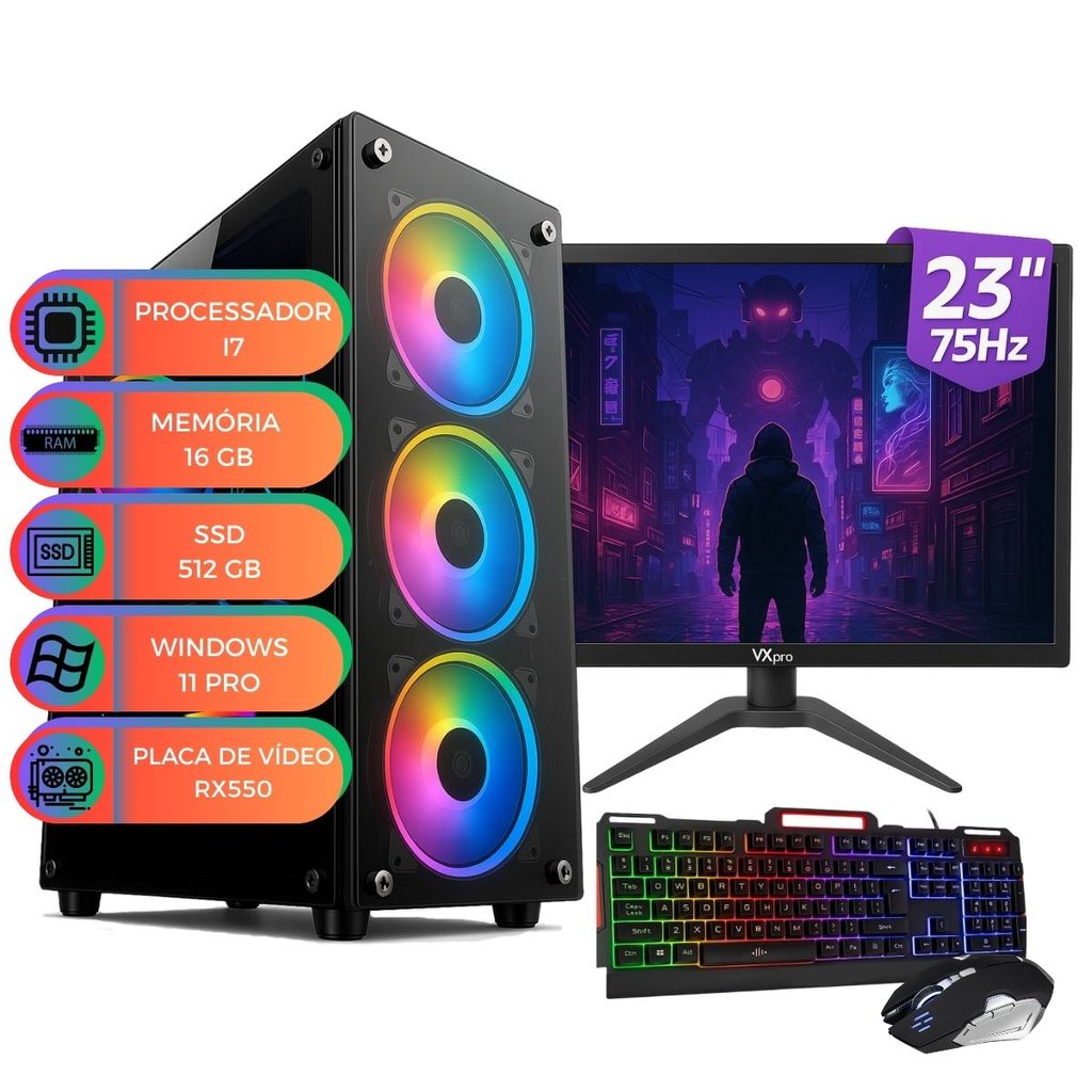 Computador Gamer UP Starter Max Intel I7 Memória 16GB SSD 512 Monitor 23 Placa de Vídeo RX550 Win11 Teclado e Mouse
