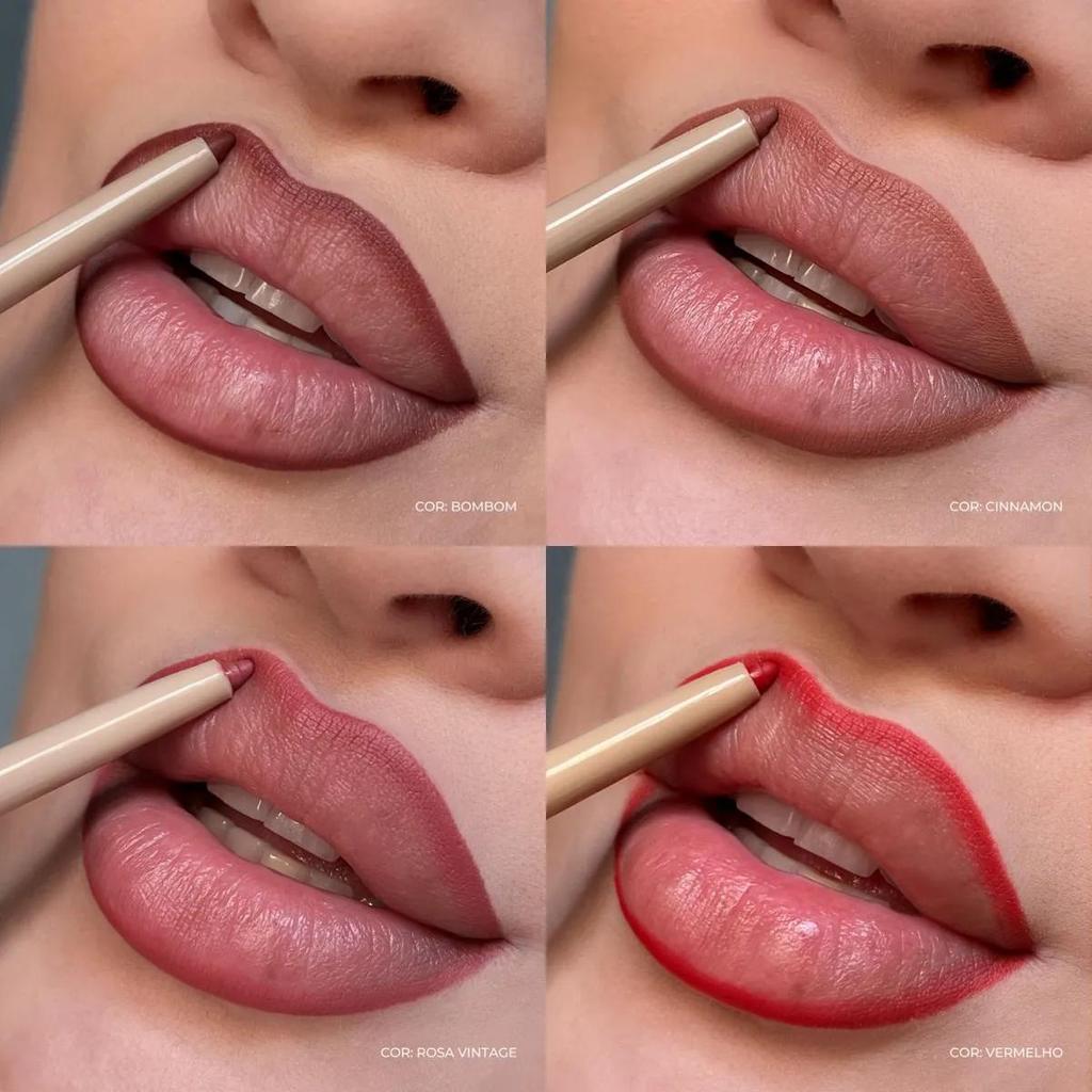 Colagem de quatro fotos mostrando a aplicação do lápis delineador retrátil Mahav nos lábios em diferentes cores: Bombom, Cinnamon, Rosa Vintage e Vermelho