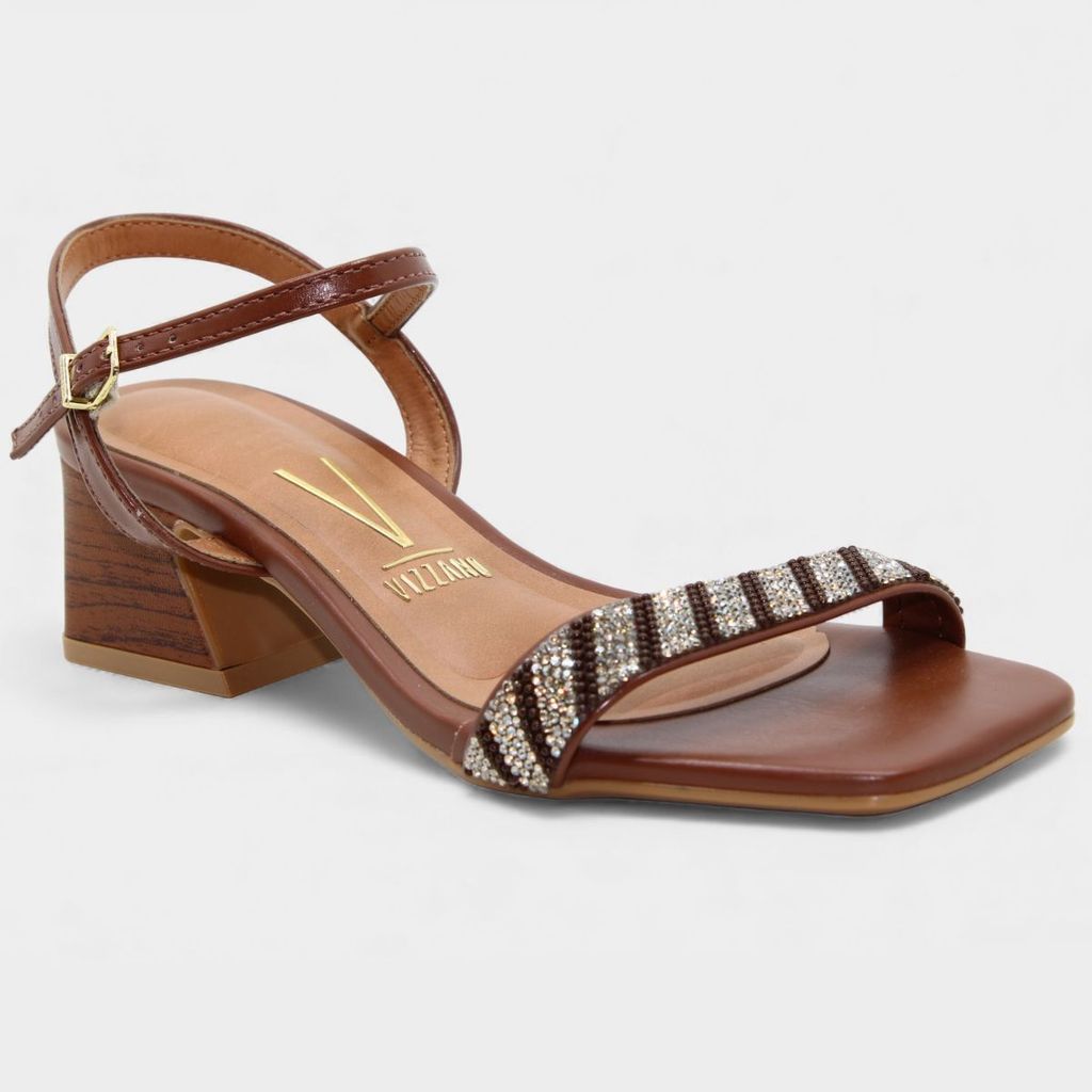 Sandália Vizzano Salto Bloco Strass Bicolor Feminina - Marrom