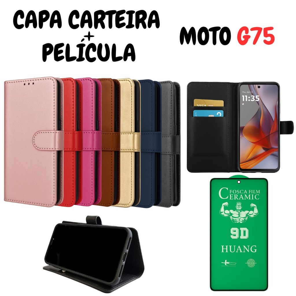 Capa Capinha Carteira Para Motorola G75 + Película de Cerâmica em Oferta na Shopee
