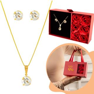 Colar e brinco feminino banhado + porta joias com rosas perfumadas e alças para presente em Oferta na Shopee