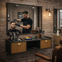 Bancada Barbearia Corleone Shop Vintage Club | Armário Barber Shop 2 Portas Organizador