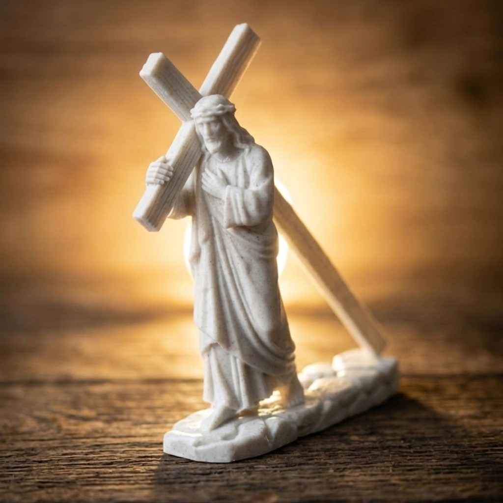 Estatueta Jesus Carregando Cruz Decoração Religiosa Enfeite Presente Cristão Católico Evangélico