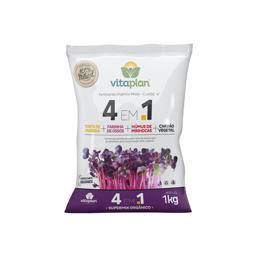 Adubo Fertilizante 4 em 1 Orgânico 1kg Torta de Mamona + Farinha de Osso + Húmus + Carvão Vegetal