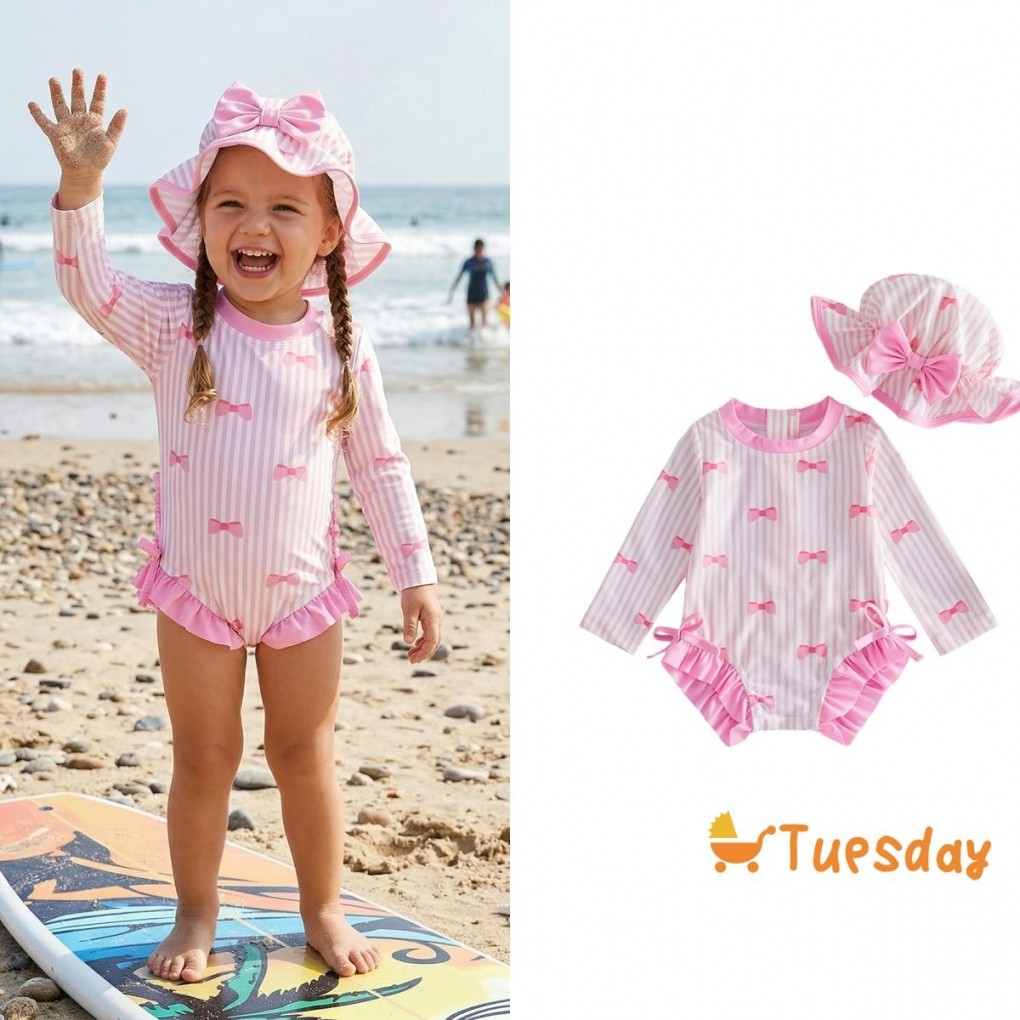 [TuSy] Maiô Feminino Com Proteção Contra Queimaduras E Laço Listrado Babados Manga Comprida Conjunto De Chapéu