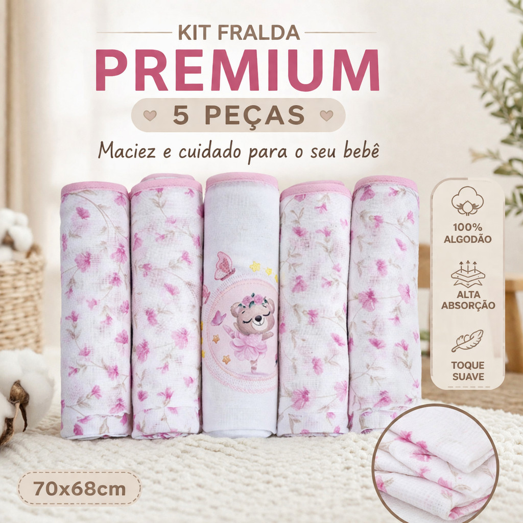 Kit Fralda Pano Bebê 5 Unidades 100% Algodão 70x68cm Envio Imediato
