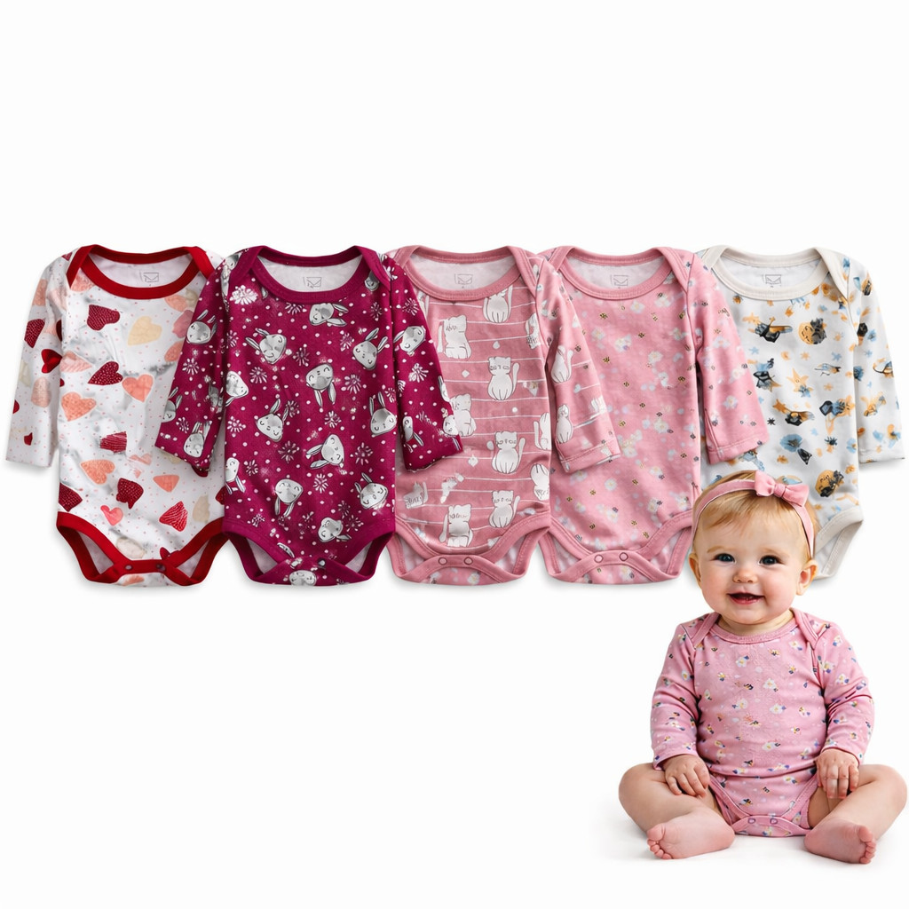 Kit 05 Peças Bodie Body Estampado Infantil Manga Longa Bebê
