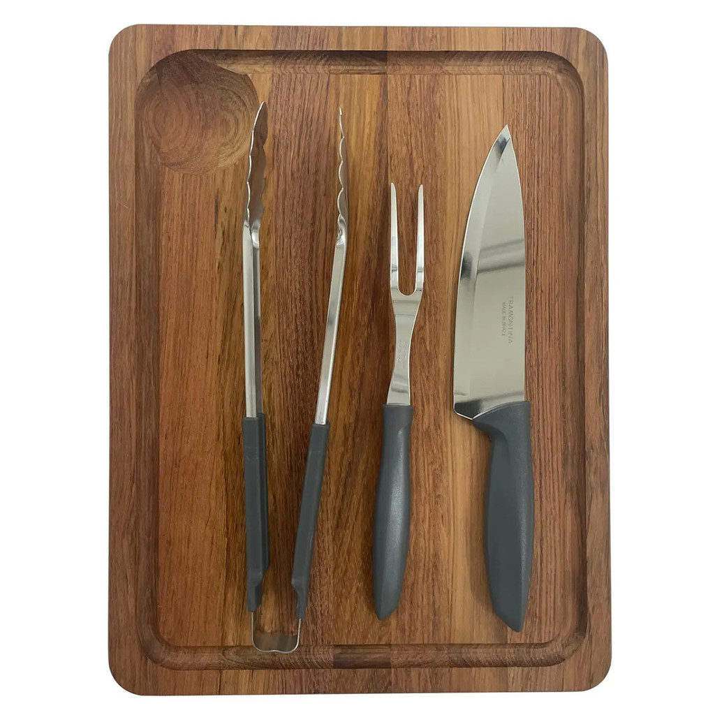 Kit Churrasco Tábua Estação de Corte Madeira Jatobá 40x30x3cm Com Faca Garfo e Pegador Tramontina