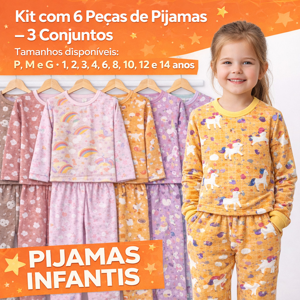 Kit 3 Pijamas Infantil Menina Criança Inverno Manga Longa Comprida Calça Blusa 6 Peças Estampas Sortidas Roupa de Dormir