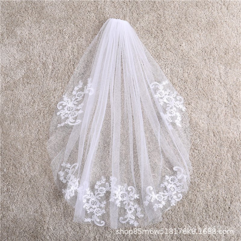Item popular de comércio exterior: véu de noiva curto de camada única com padrão floral e strass, acessório de casamento