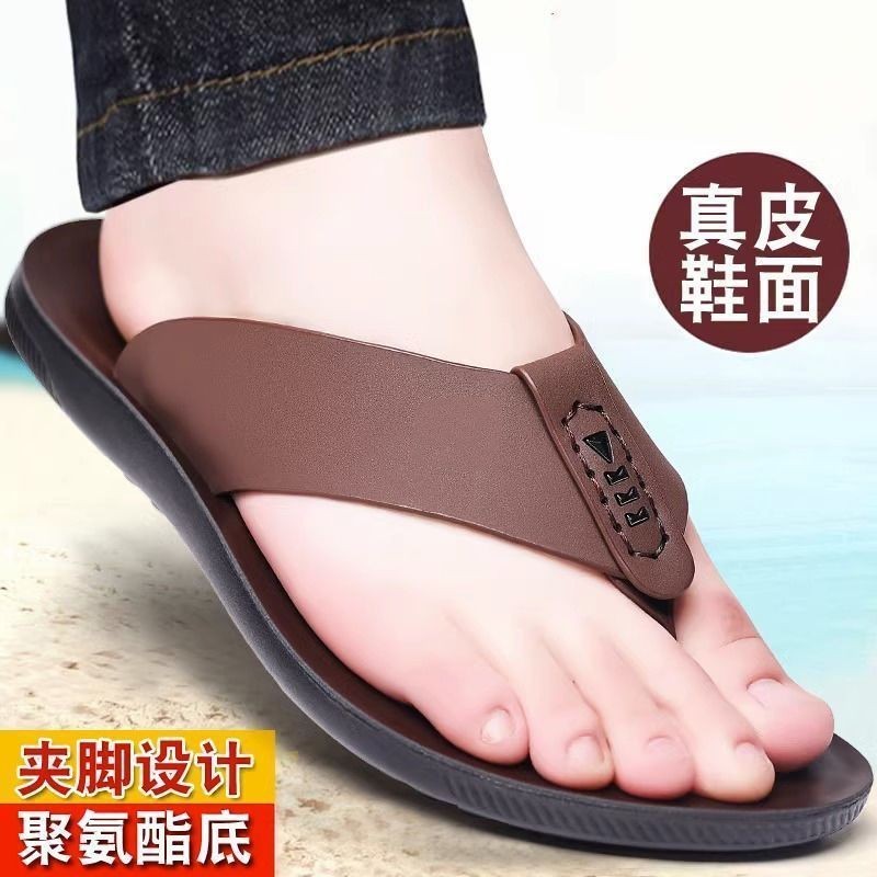 F Primeira Camada de Couro Sandálias Casuais Masculinas Sapatos de Praia Antiderrapantes e Resistentes ao Desgaste Exter