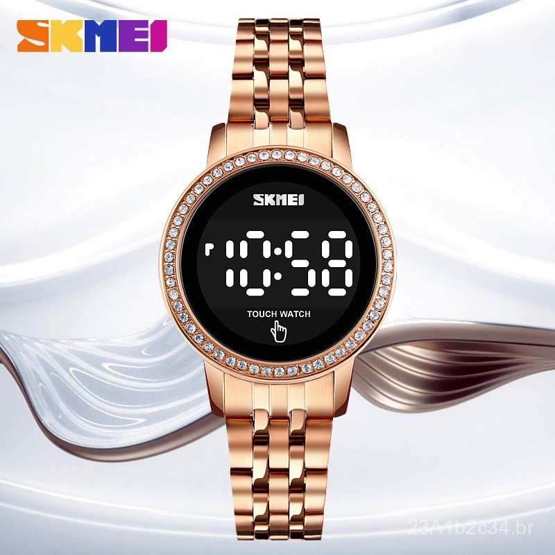 Relógio Eletrônico Feminino SKMEI com Tela Sensível ao Toque LED, à Prova d'Água, Pulseira de Aço, Versátil e Elegante p