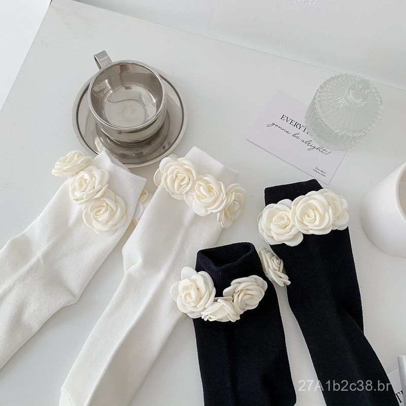 Meias masculinas estilo boyfriend, meias de cano médio com camélias, meias Lolita, meias femininas de cano médio, meias