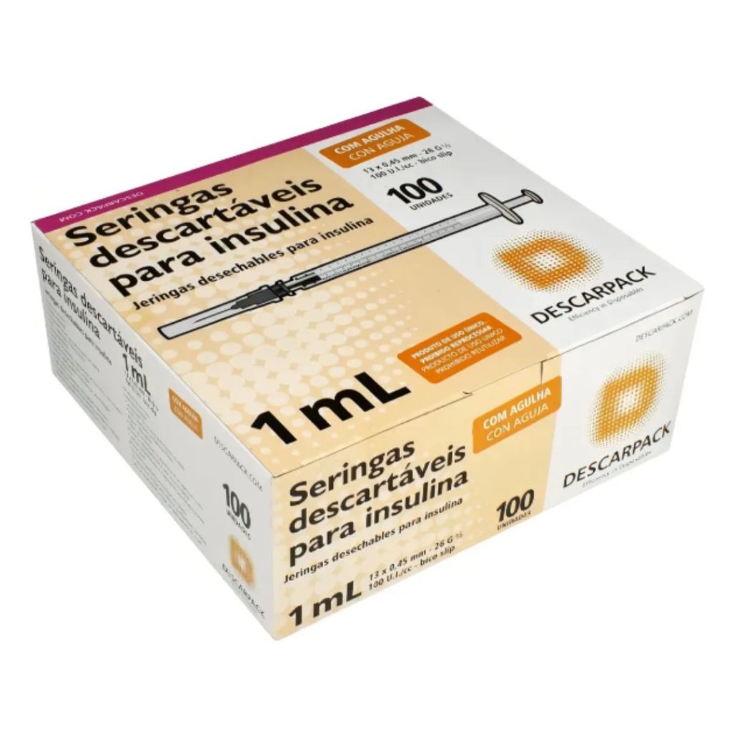 Seringa Insulina 1ml com agulha 13x0,45mm 100un - Descarpack