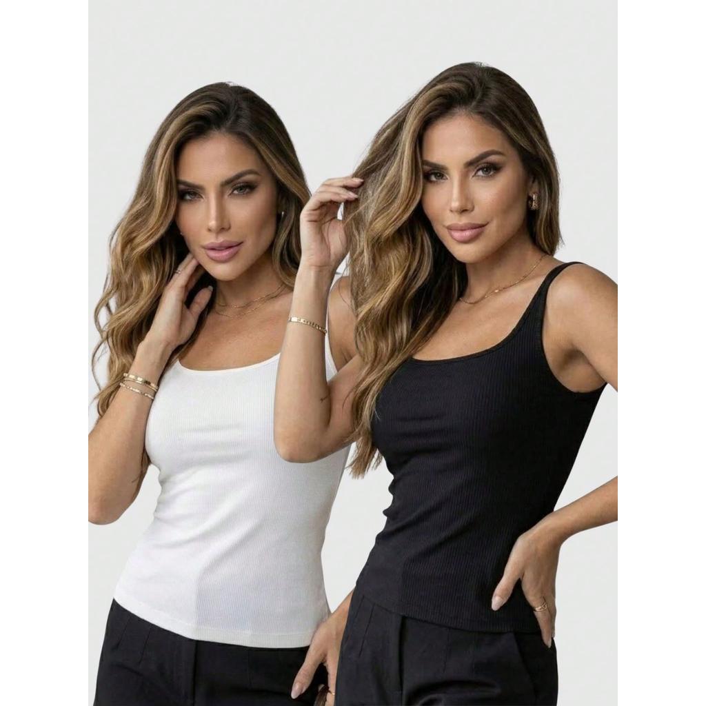 Kit Feminino 2 peças - Kit de Regata Canelada Branca com Decote Quadrado Básica Blusinha Verão Blogueira Justinha