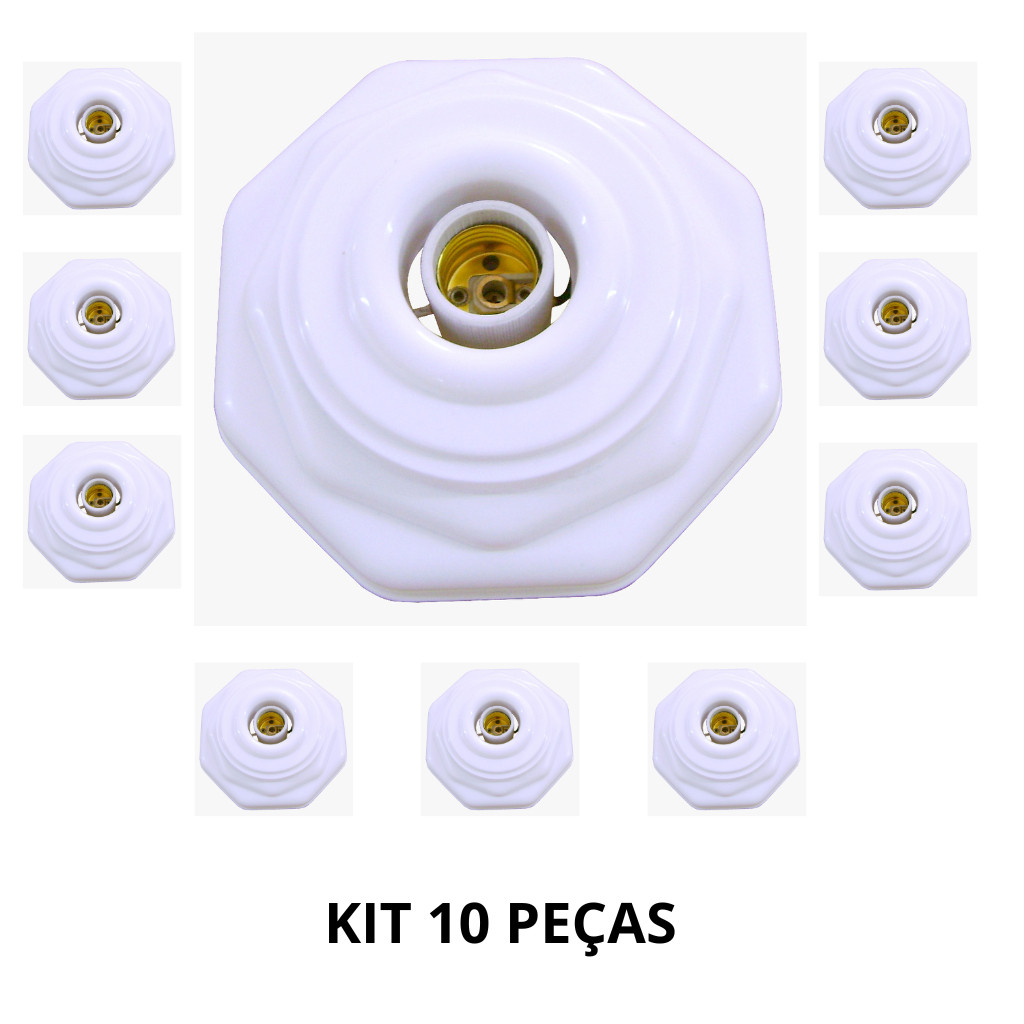 Kit 10 Plafon Octagonal Soquete E27 Branco P/ Lampada de ate 100w Luminária