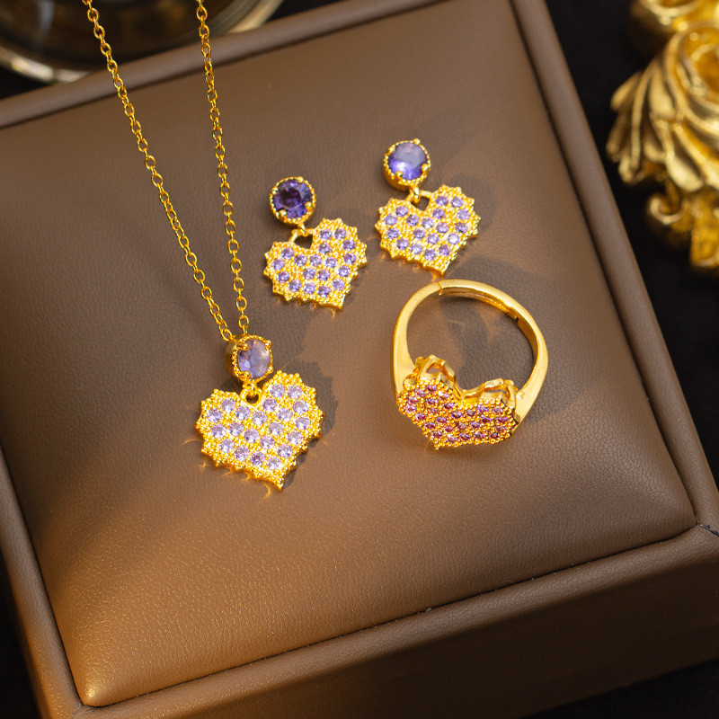 [Conjunto] colar de aço de titânio feminino doce cheio de diamante sonho roxo amor coração pingente brincos High-End sen