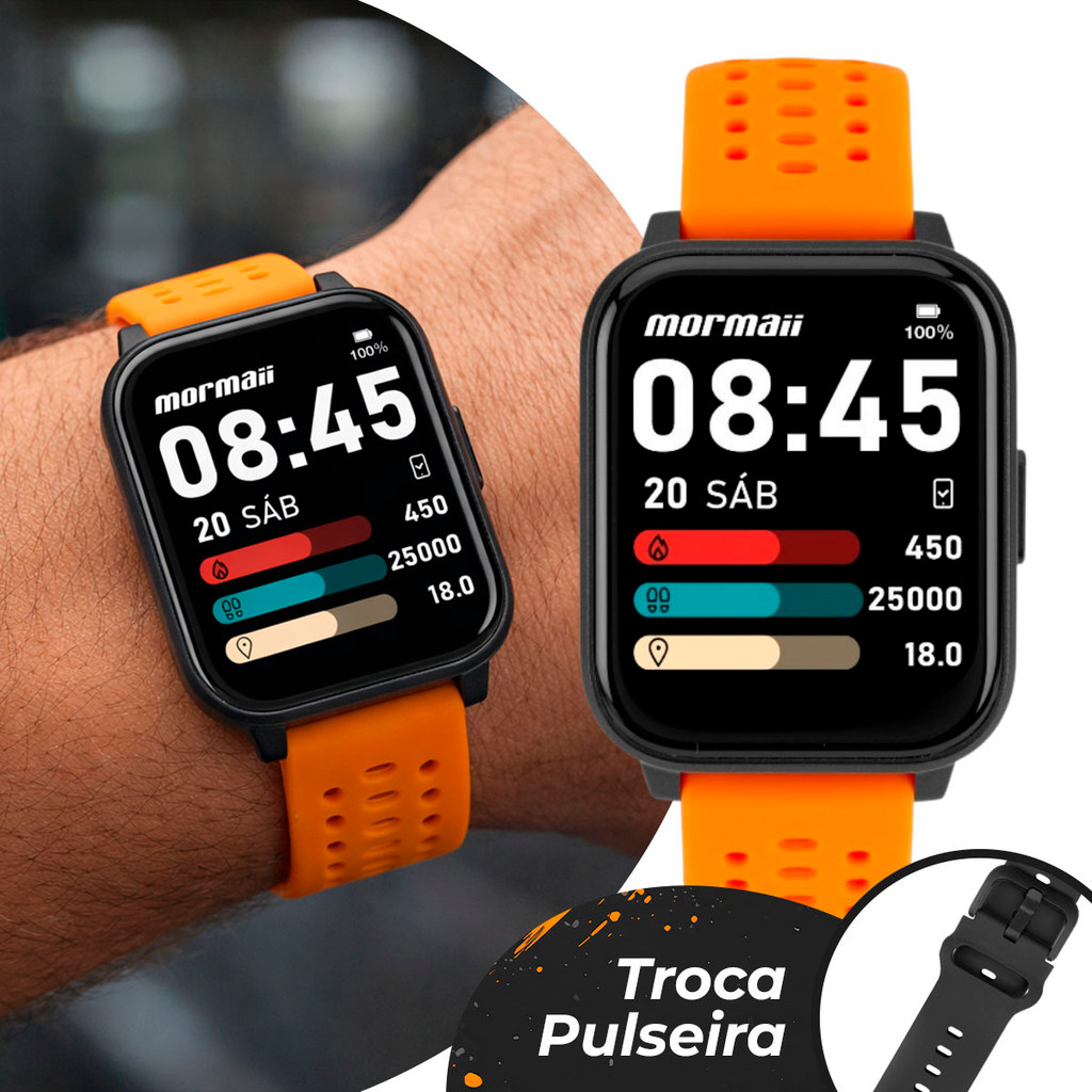Smartwatch Troca a Pulseira Laranja e Preto Com Caixa de Polímero e Pulseiras de Silicone Tabua de Maré Surf Mormaii