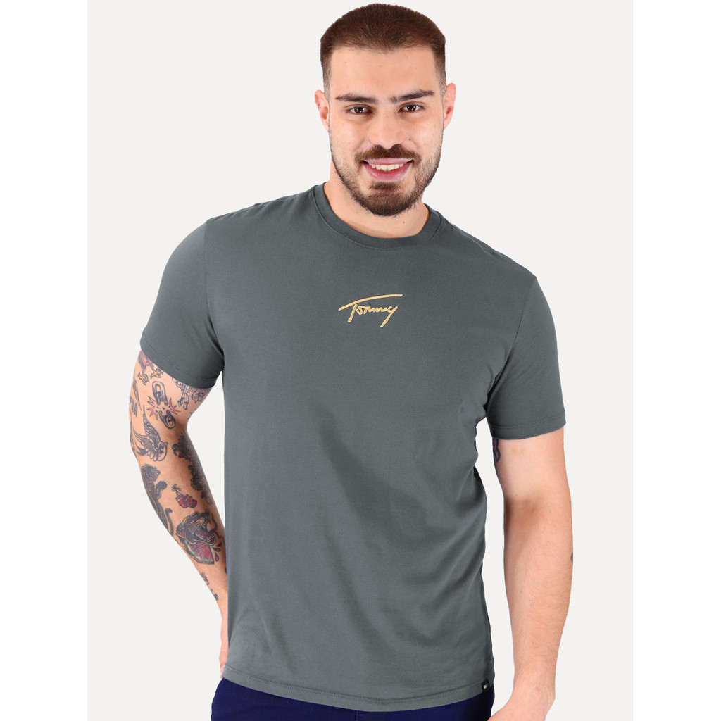 Camiseta Tommy Jeans Original Masculina Embroidered Signature Center Grafite