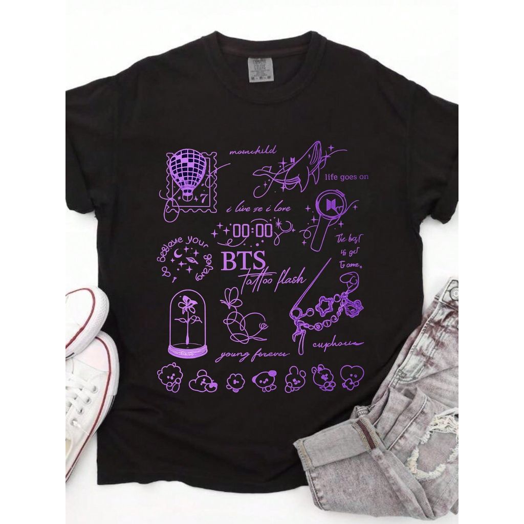 「BR.Moonlight」Camiseta Unissex BTS Life Goes On Estampa Arirang BT21 Confortável Divertida Estilosa Moda Casual