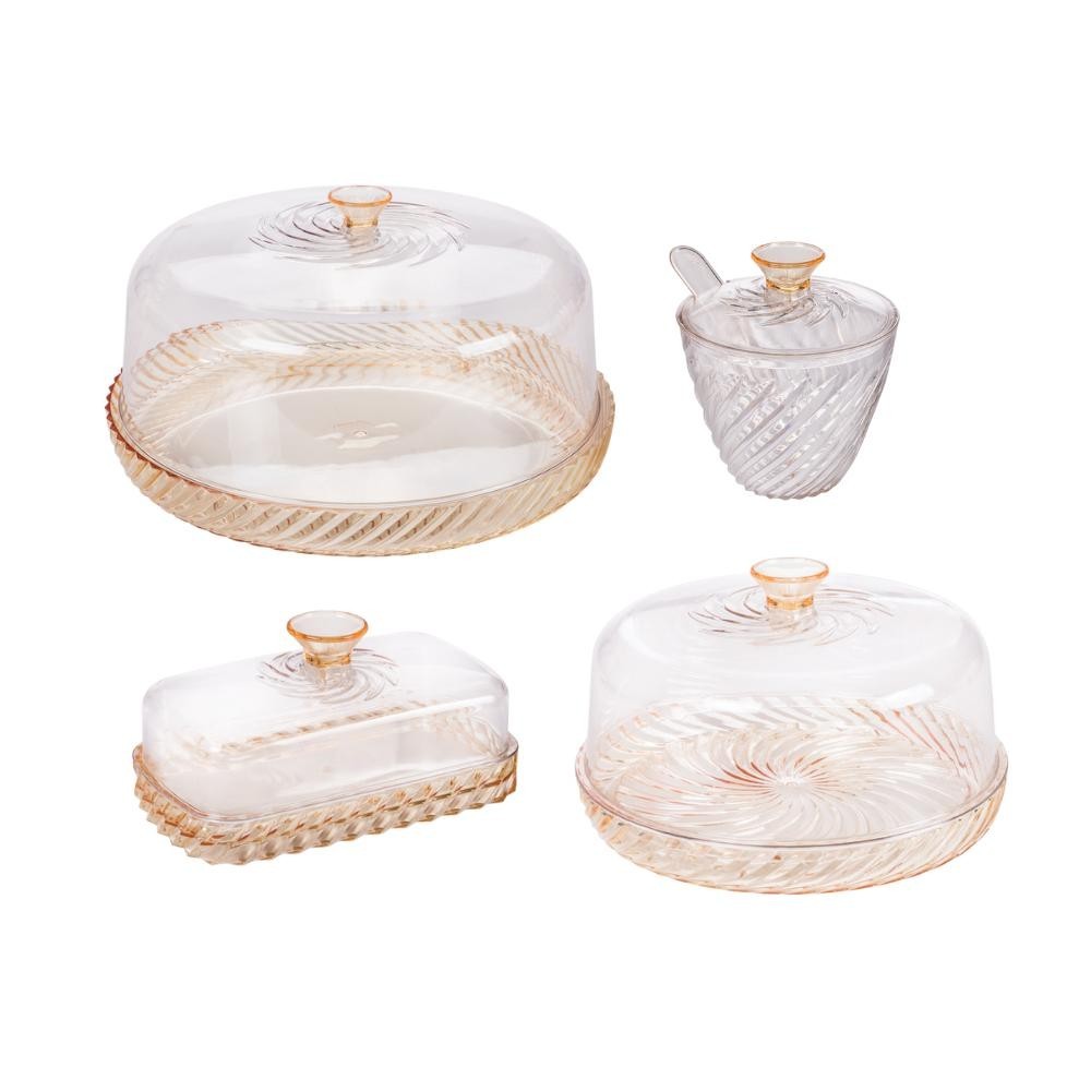 Kit Queijeira Boleira Açucareiro Manteigueira Amarelo e Incolor Twist Mesa Posta 4 Peças Plasútil