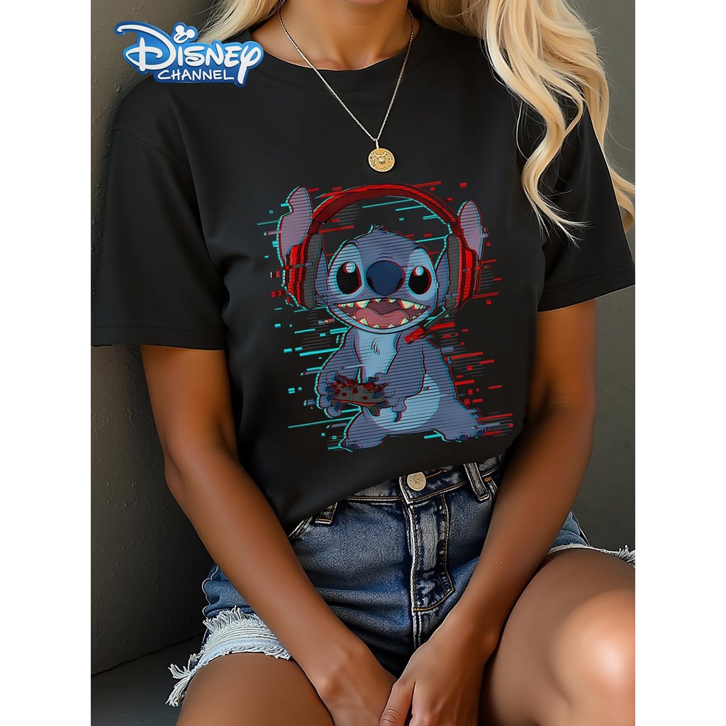 BR Moonlight Camiseta Feminina Stitch Retro Gaming Pixel Tropical Oversized Preto Divertida Confortável Casual