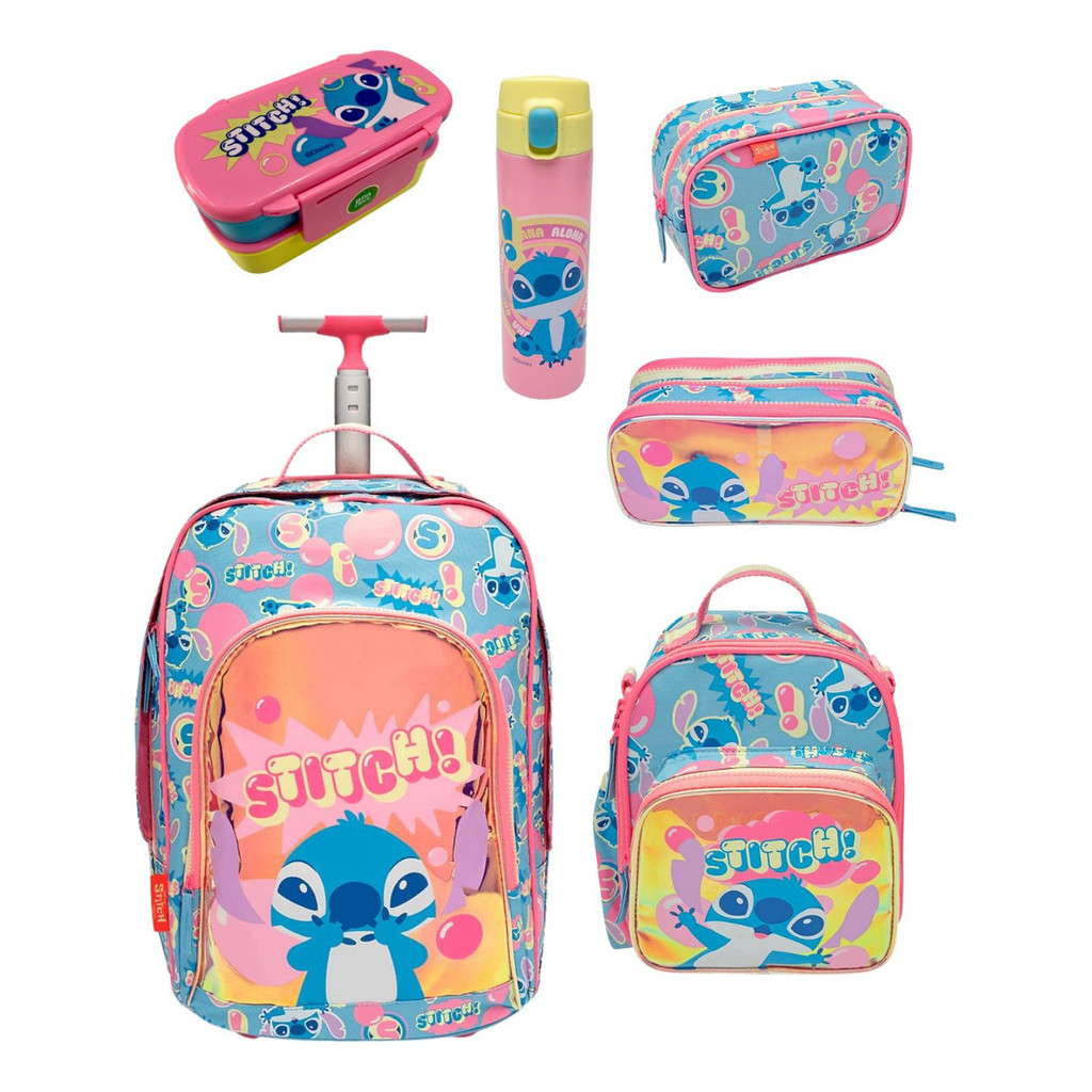 Kit Escolar 6 Itens Mochila Com Rodinha Puket Stitch Meninas