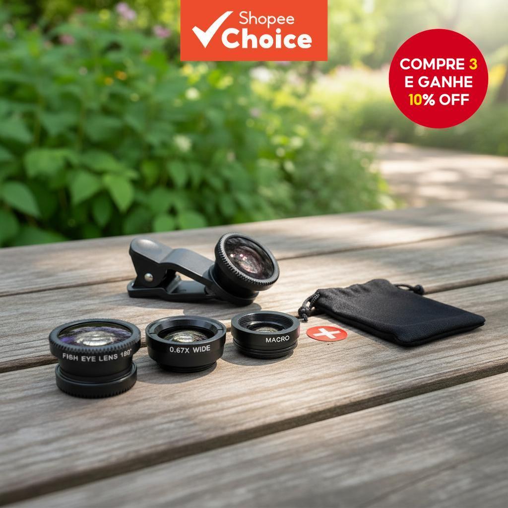 Kit de Lentes 3 em 1: Olho de Peixe, Ângulo Amplo e Micro para iPhone, Xiaomi Redmi, com Clipe para Smartphones