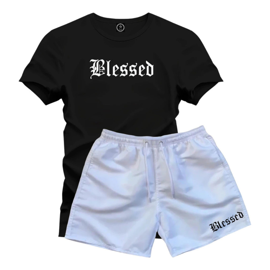 Kit Camiseta + Short Branco Tactel Blessed Conjunto Verão Praia Top